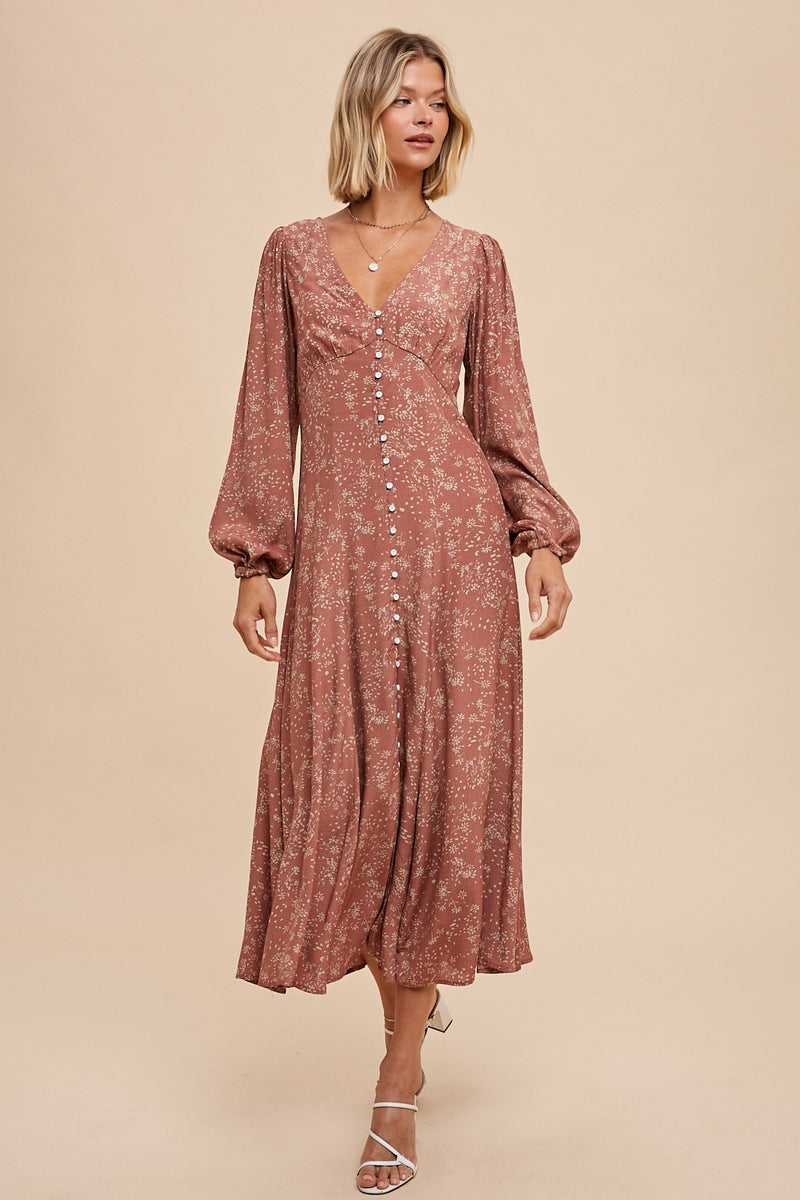 VISCOSE FLORAL BUTTON DRESS (ROSEWOOD)