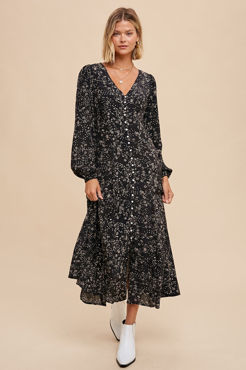 VISCOSE FLORAL BUTTON DRESS (BLACK FLORAL)