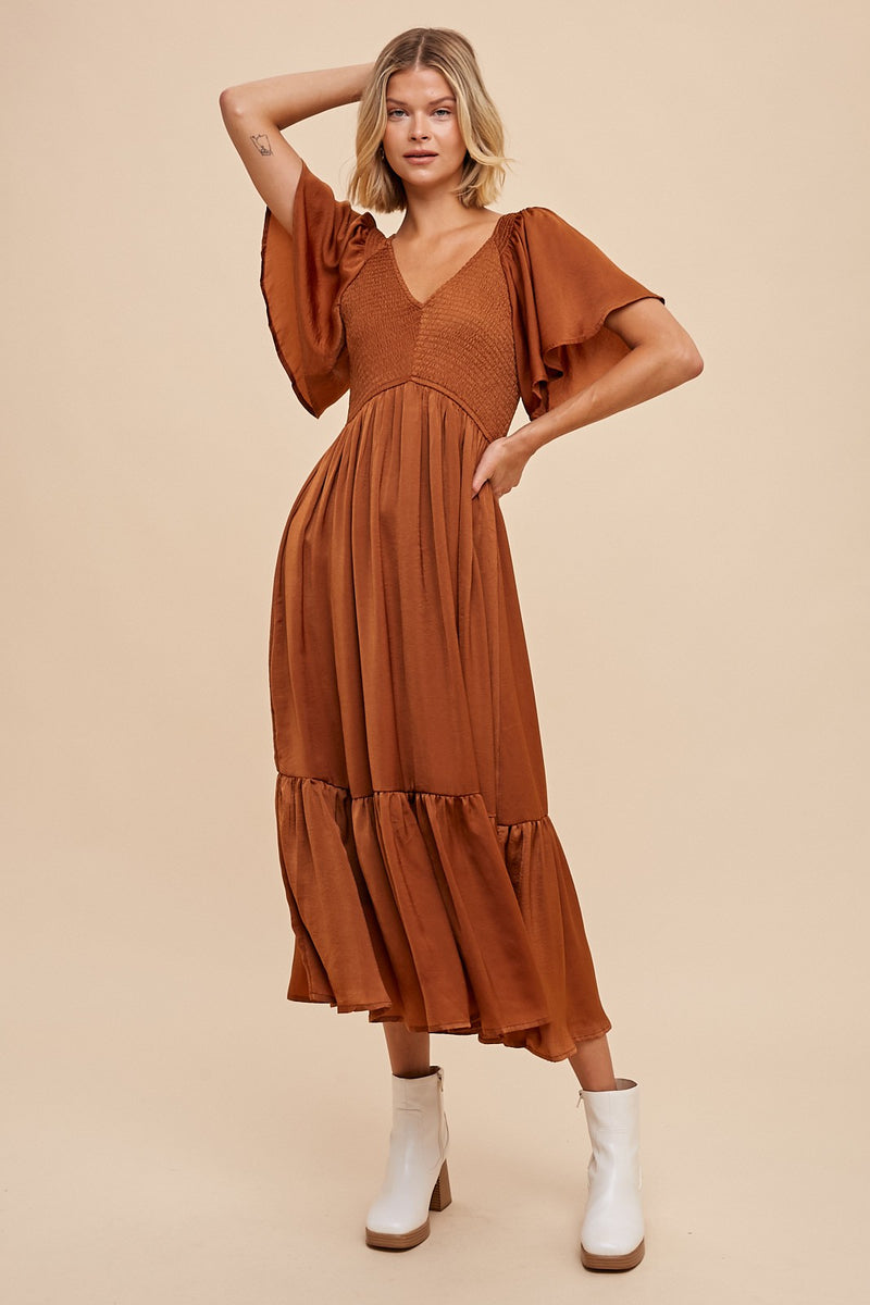SMOCKED WASHED SATIN MIDI DRESS in Earthen