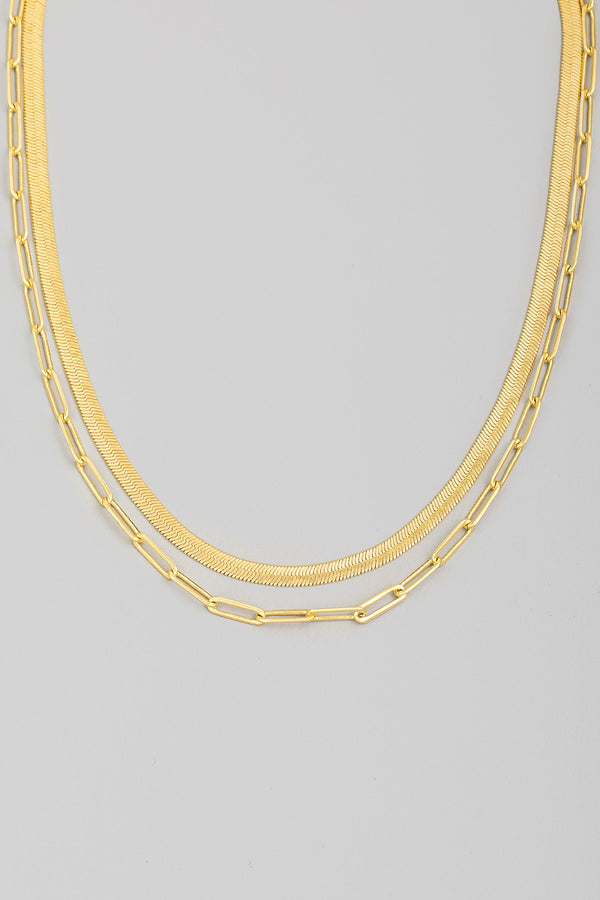 Snake And Oval Layered Chain Necklace (Gold)