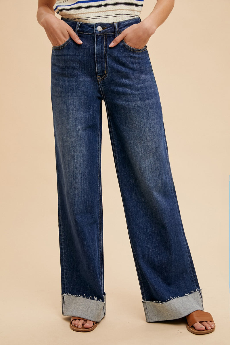 90's Stretch Cuffed Hem High Rise Straight Jeans in Dark Denim (AVAILABLE IN SIZES S-XL!)
