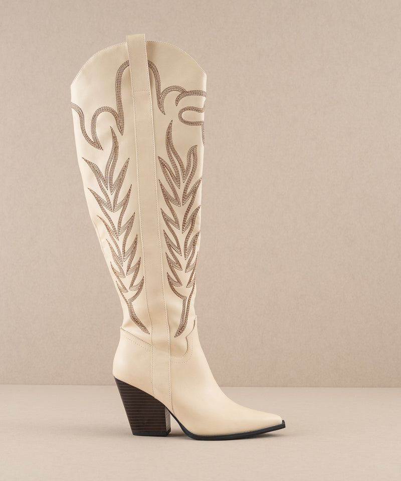 The Bronco - Knee-High Embroidered Boots in Off White