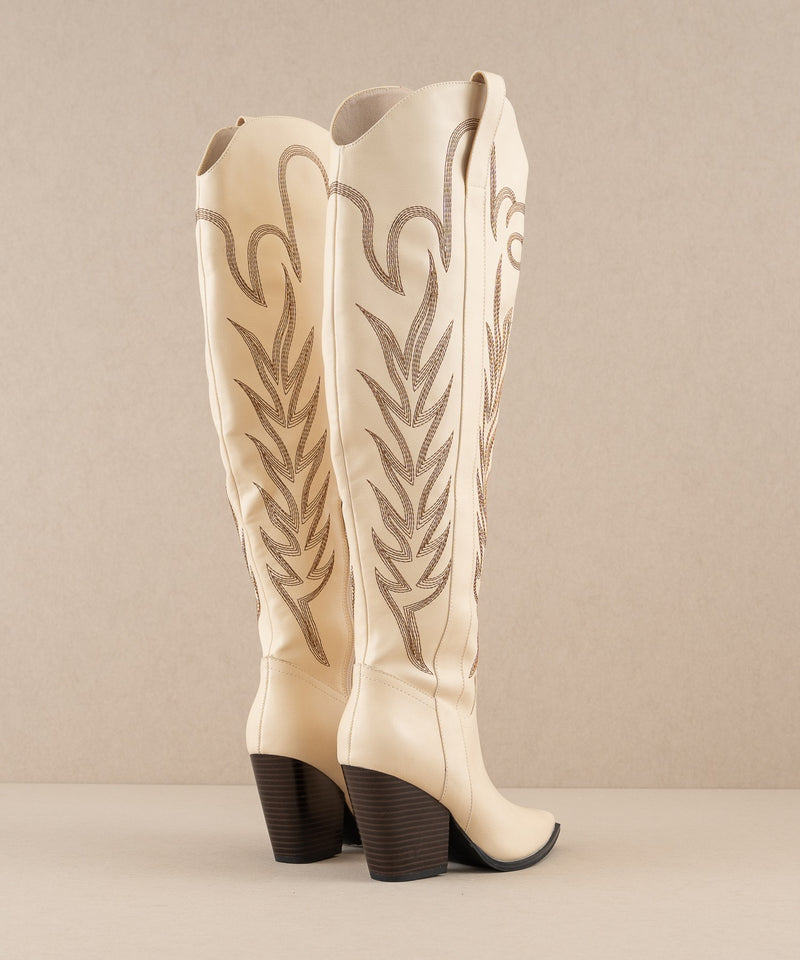 The Bronco - Knee-High Embroidered Boots in Off White