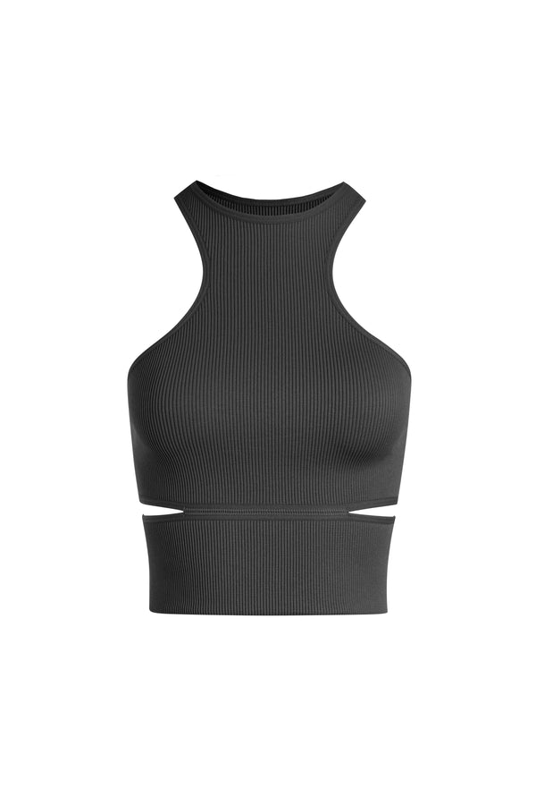 Ribbed cut double hem racer tank - One Size - Black only