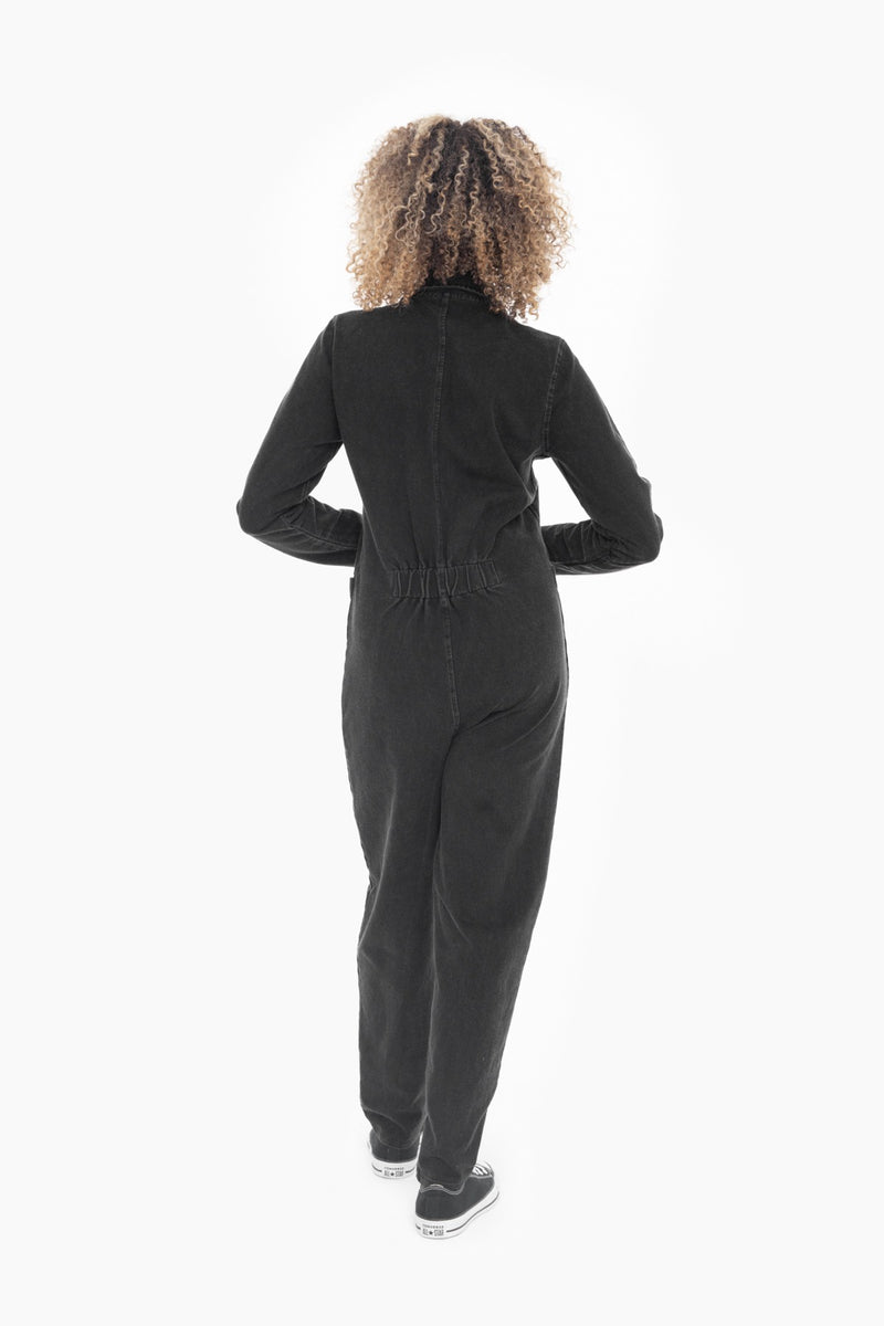 Mineral Wash Cotton Blend Jumpsuit (Black)