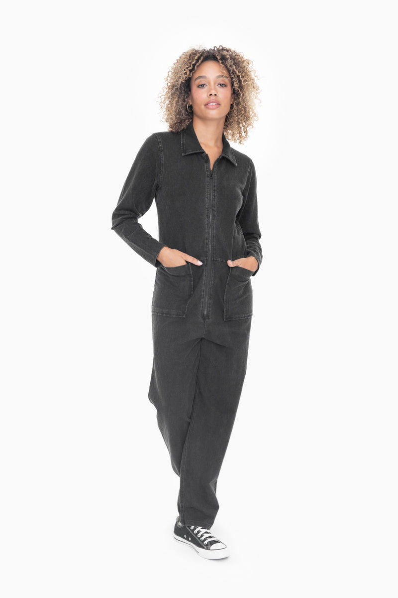 Mineral Wash Cotton Blend Jumpsuit (Black)