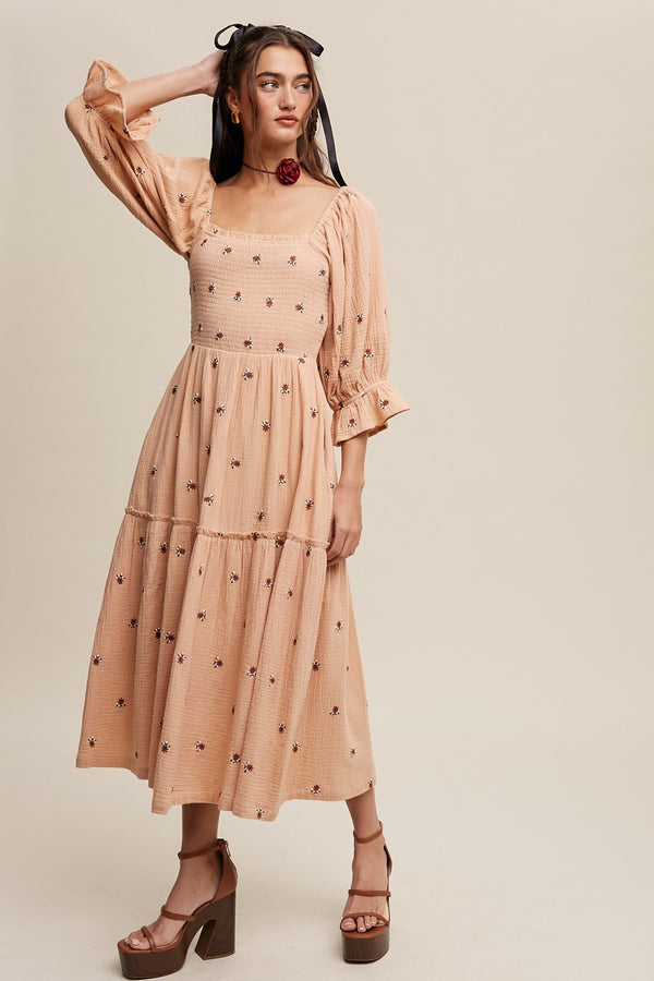 Ditzy Floral Embroidery Puff Sleeve Maxi Dress in Blush- Final Sale