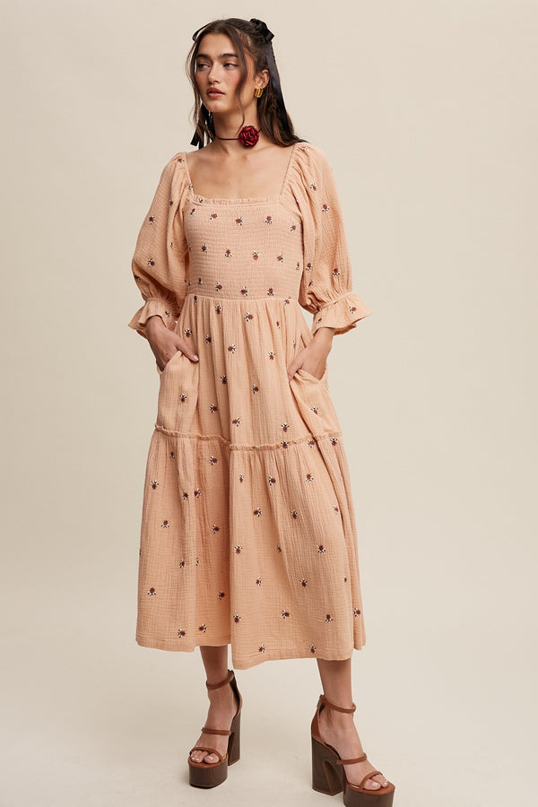 Ditzy Floral Embroidery Puff Sleeve Maxi Dress in Blush- Final Sale