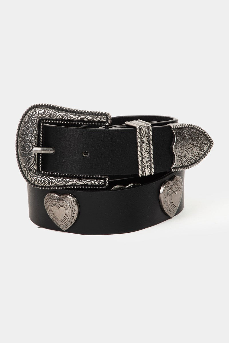 Etched Flower Heart Faux Leather Belt