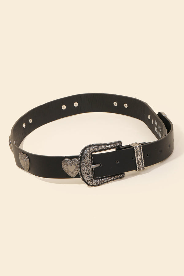 Etched Flower Heart Faux Leather Belt