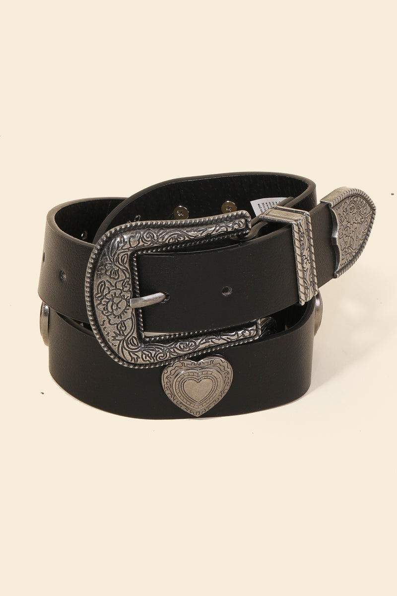 Etched Flower Heart Faux Leather Belt