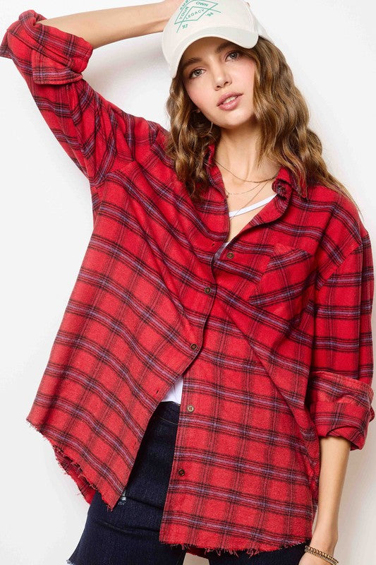 RAW EDGE TWO-TONE WASH BUTTON DOWN PLAID SHIRT IN Red