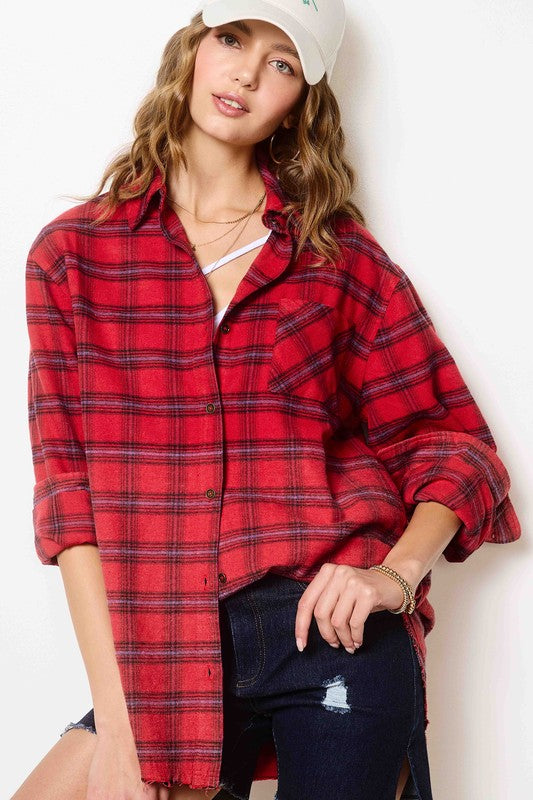 RAW EDGE TWO-TONE WASH BUTTON DOWN PLAID SHIRT IN Red