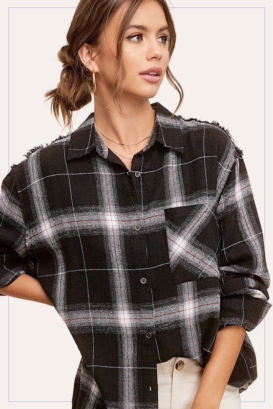 RAW EDGE BUTTON DOWN PLAID SHIRT in black