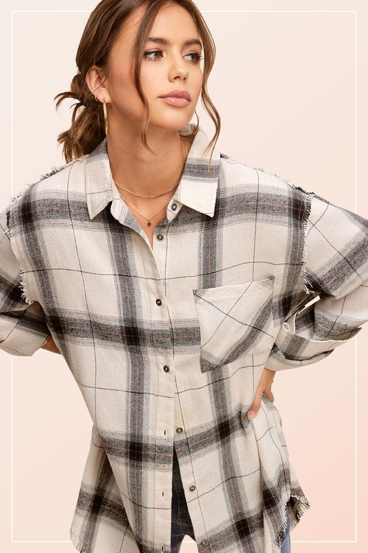 RAW EDGE BUTTON DOWN PLAID SHIRT in white