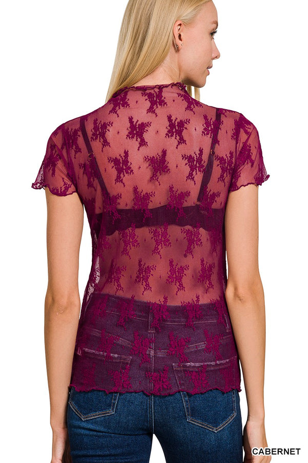 LACE SEE-THROUGH LAYERING SHORT SLEEVE TOP in Wine