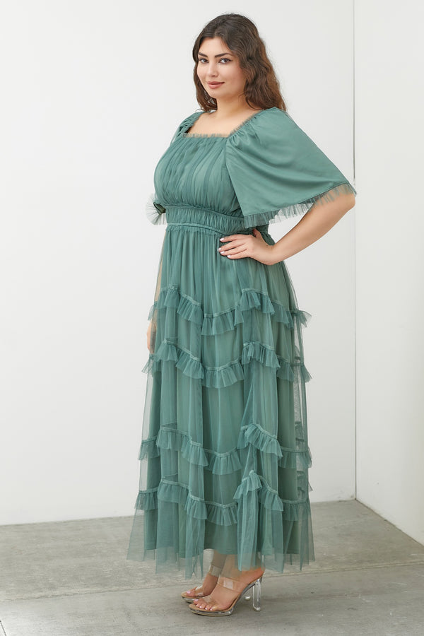 SHEER TIERED TULLE MAXI DRESS (1XL-3XL DUSTY TEAL)