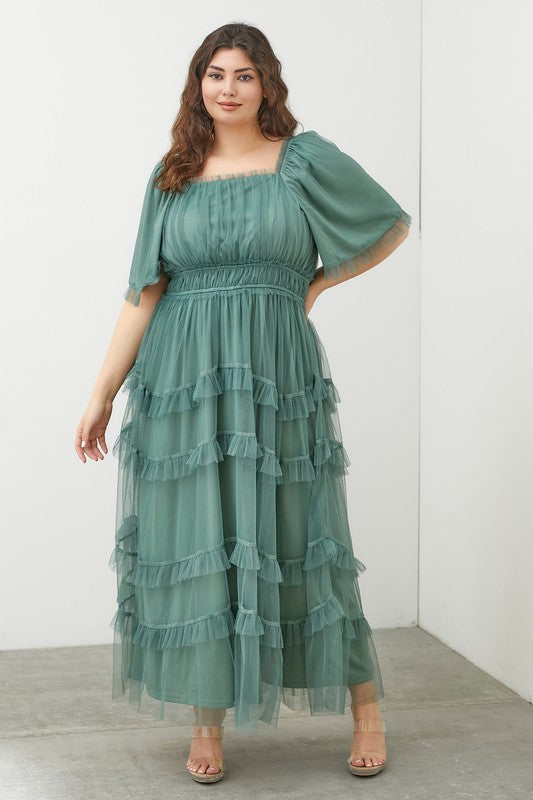 SHEER TIERED TULLE MAXI DRESS (1XL-3XL DUSTY TEAL)