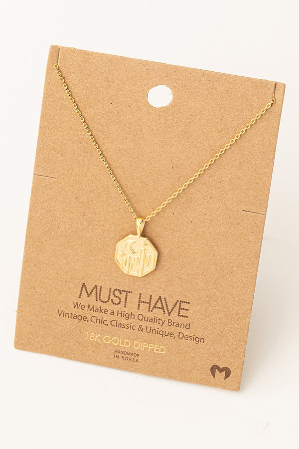 Desert Cactus Octagon Pendant Necklace - 18K Gold Dipped