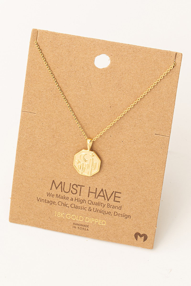 Desert Cactus Octagon Pendant Necklace - 18K Gold Dipped