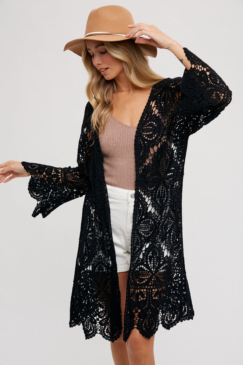 Black Crochet Open Front Bell Sleeved Cardigan