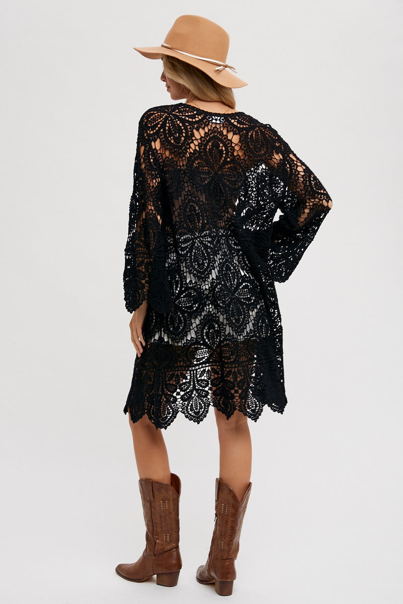 Black Crochet Open Front Bell Sleeved Cardigan