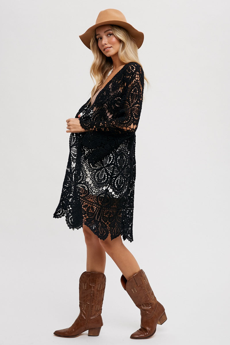 Black Crochet Open Front Bell Sleeved Cardigan