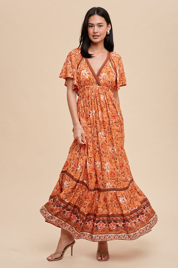 BORDER PRINT FAUX SURPLICE WRAP MAXI in Apricot Crush