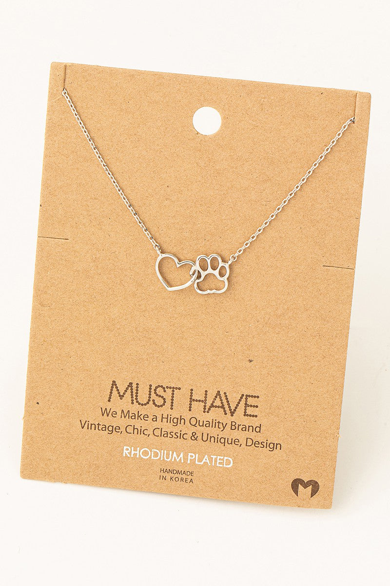 Dog Paw Heart Cutout Pendant Necklace (Silver Plated)