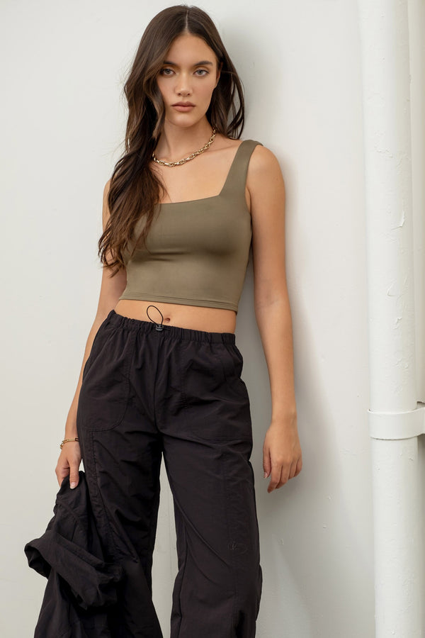 REVERSIBLE CROPPED SQUARE NECK TANK in Light Olive