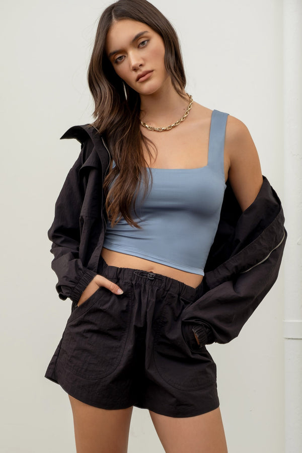 REVERSIBLE CROPPED SQUARE NECK TANK in Dusty Blue