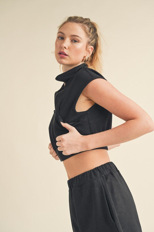 Butter-Soft Cropped Sleeveless Zip Up Vest in Black