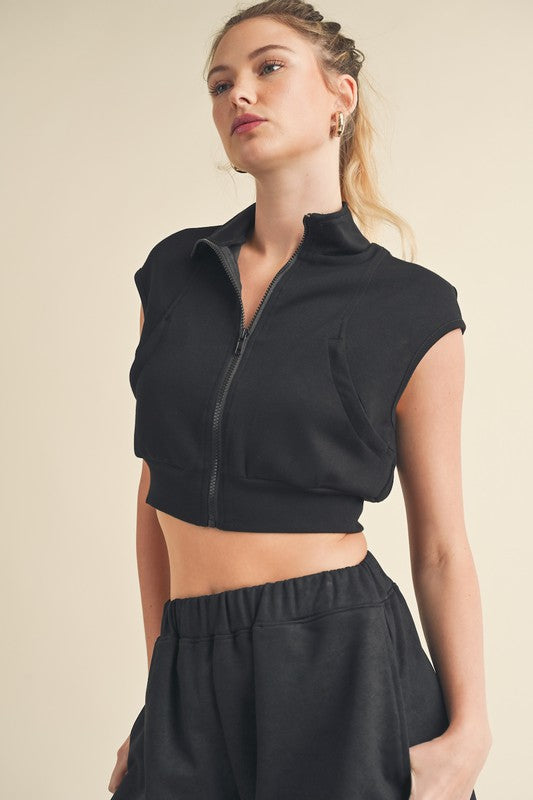 Butter-Soft Cropped Sleeveless Zip Up Vest in Black