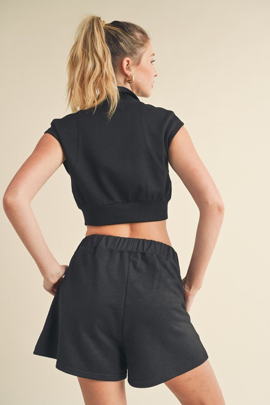 Butter-Soft Cropped Sleeveless Zip Up Vest in Black