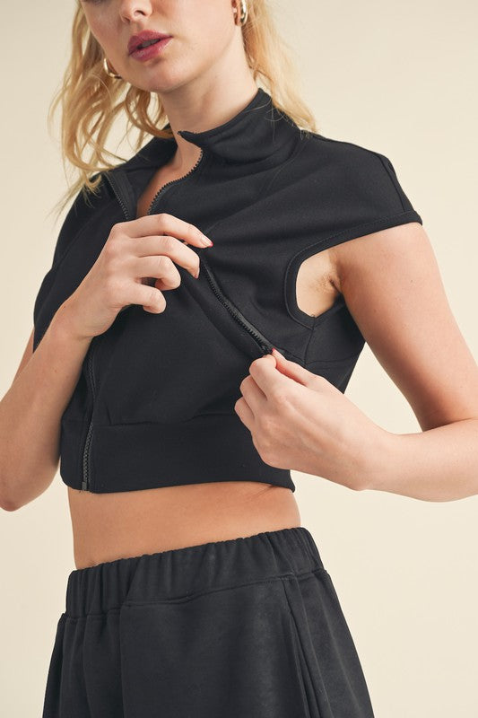 Butter-Soft Cropped Sleeveless Zip Up Vest in Black