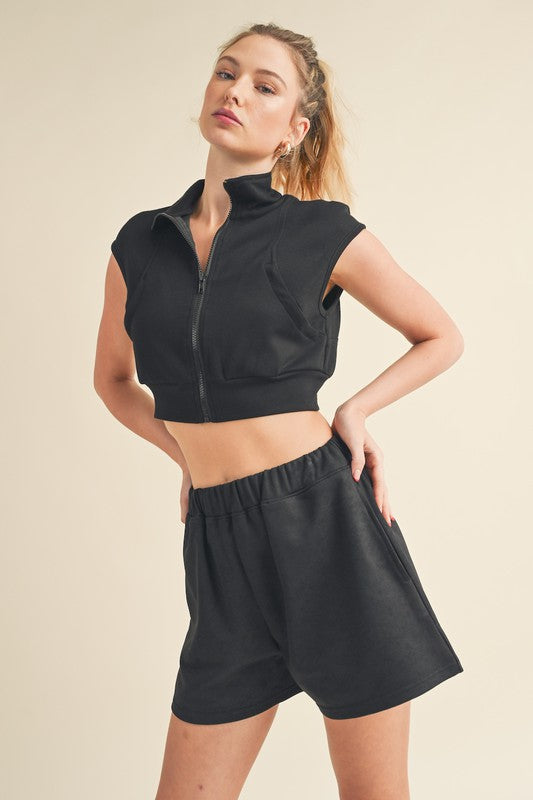 Butter-Soft Cropped Sleeveless Zip Up Vest in Black