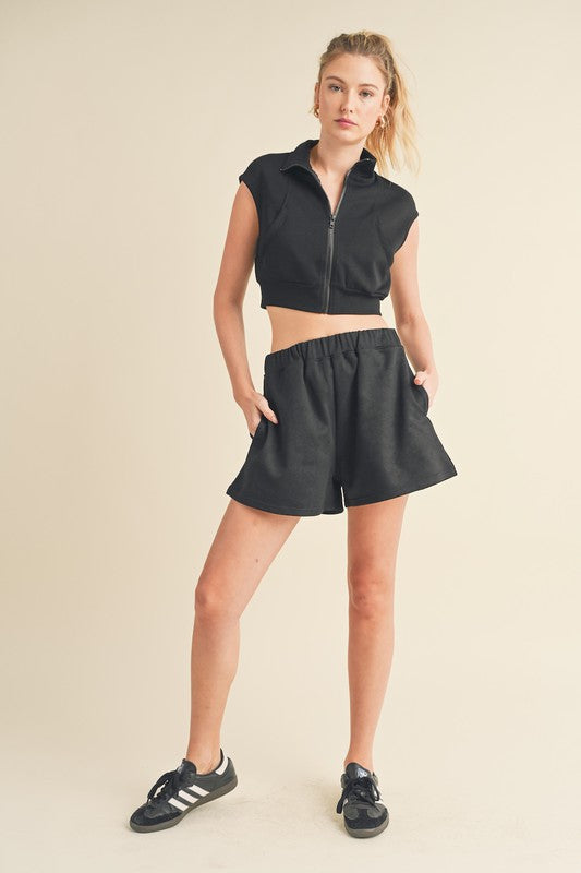 Butter-Soft Cropped Sleeveless Zip Up Vest in Black