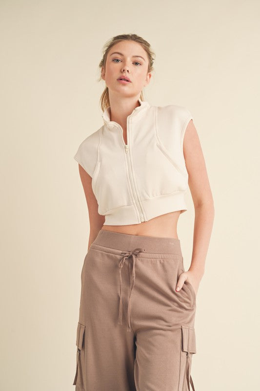 Butter-Soft Cropped Sleeveless Zip Up Vest in Beige