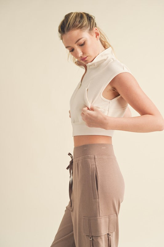 Butter-Soft Cropped Sleeveless Zip Up Vest in Beige