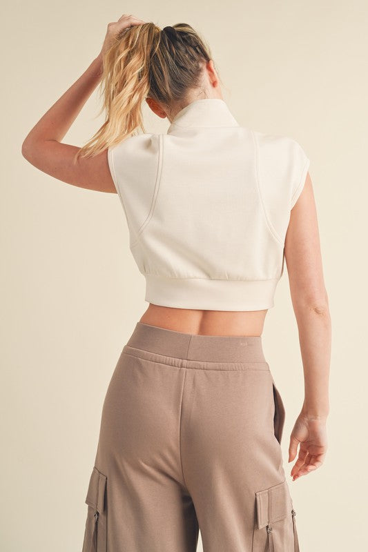 Butter-Soft Cropped Sleeveless Zip Up Vest in Beige