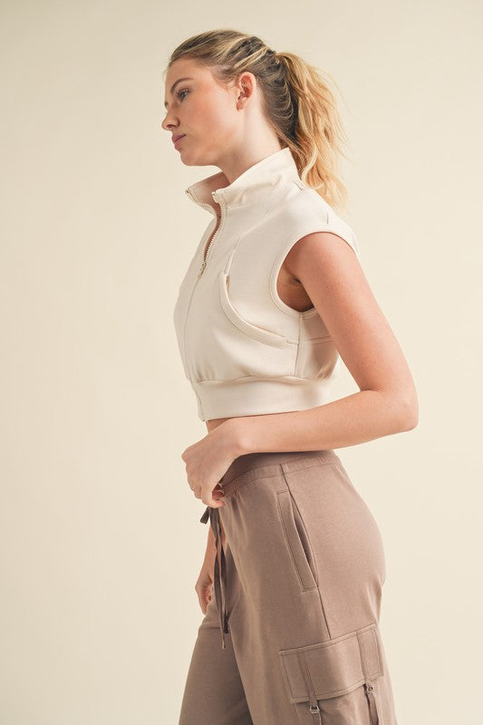 Butter-Soft Cropped Sleeveless Zip Up Vest in Beige