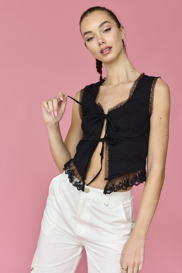 Ivy Sleeveless Tie-Front Top with Lace Trims