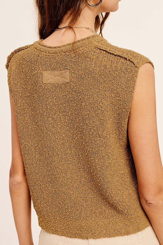 Slouchy Cropped Sleeveless Sweater Top in Carmel