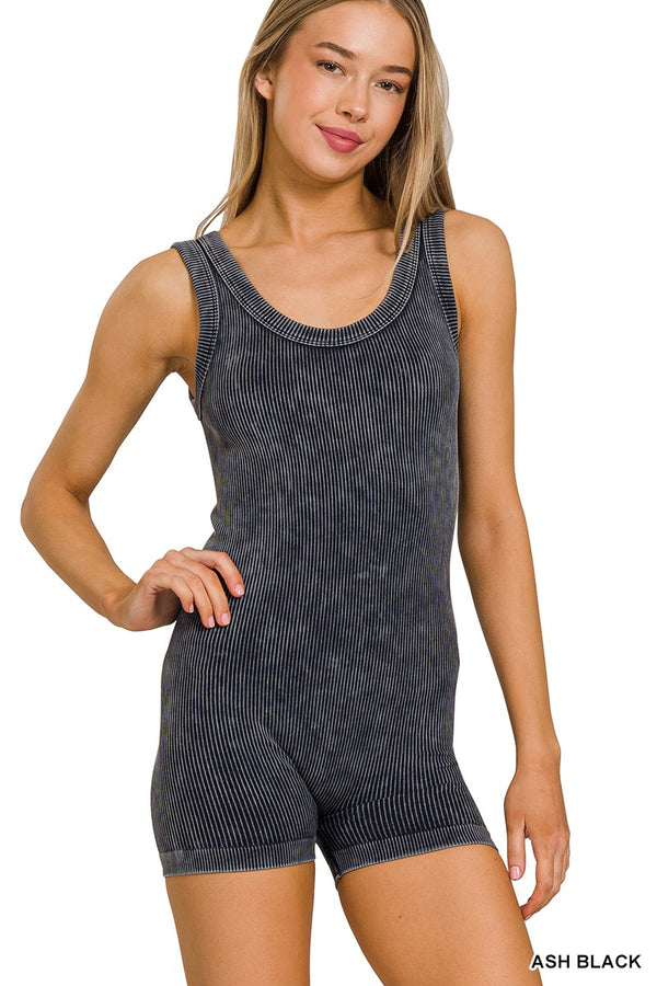 Stone Washed Ribbed Seamless Sports Romper in ASH Black