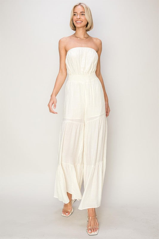 Textured Tube Tiered Jumpsuit in Off White