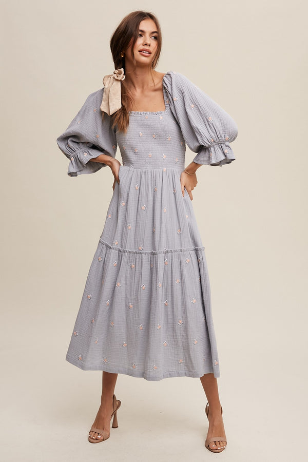 Ditzy Floral Embroidery Puff Sleeve Maxi Dress in Steel Blue- Final Sale