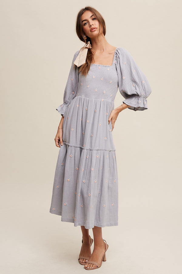 Ditzy Floral Embroidery Puff Sleeve Maxi Dress in Steel Blue- Final Sale