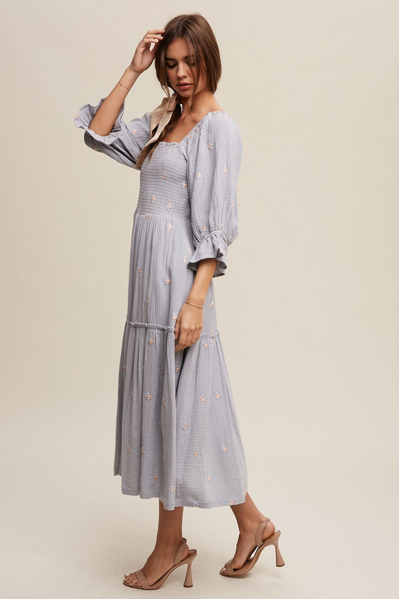 Ditzy Floral Embroidery Puff Sleeve Maxi Dress in Steel Blue