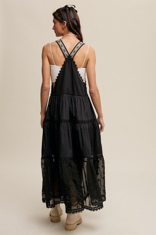 Laced and Tiered Romanctic Overall Maxi Dress in Black (Skirtall)