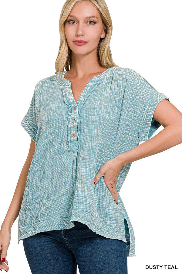 Washed Double Gauze 3/4 Button Henley Neck Shirt in Dusty Teal